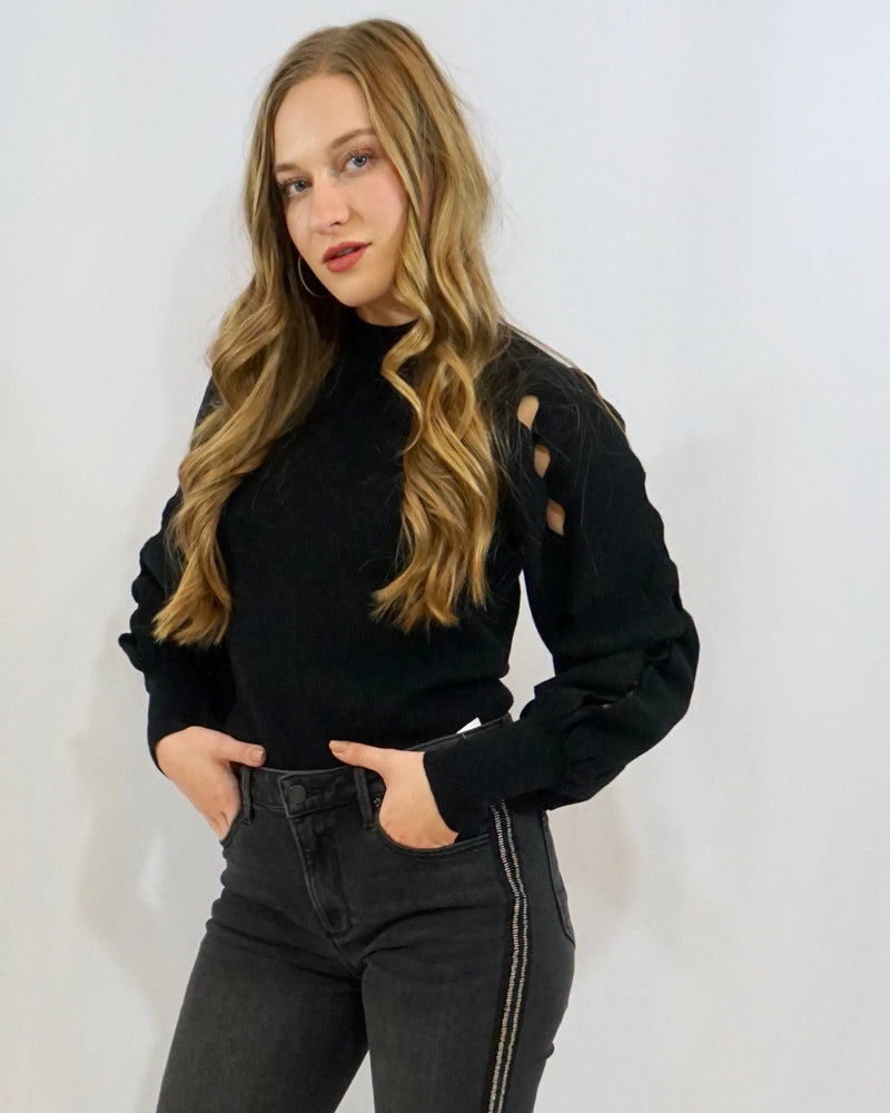 Millie Cut Out Puff-Sleeve Sweater - Black